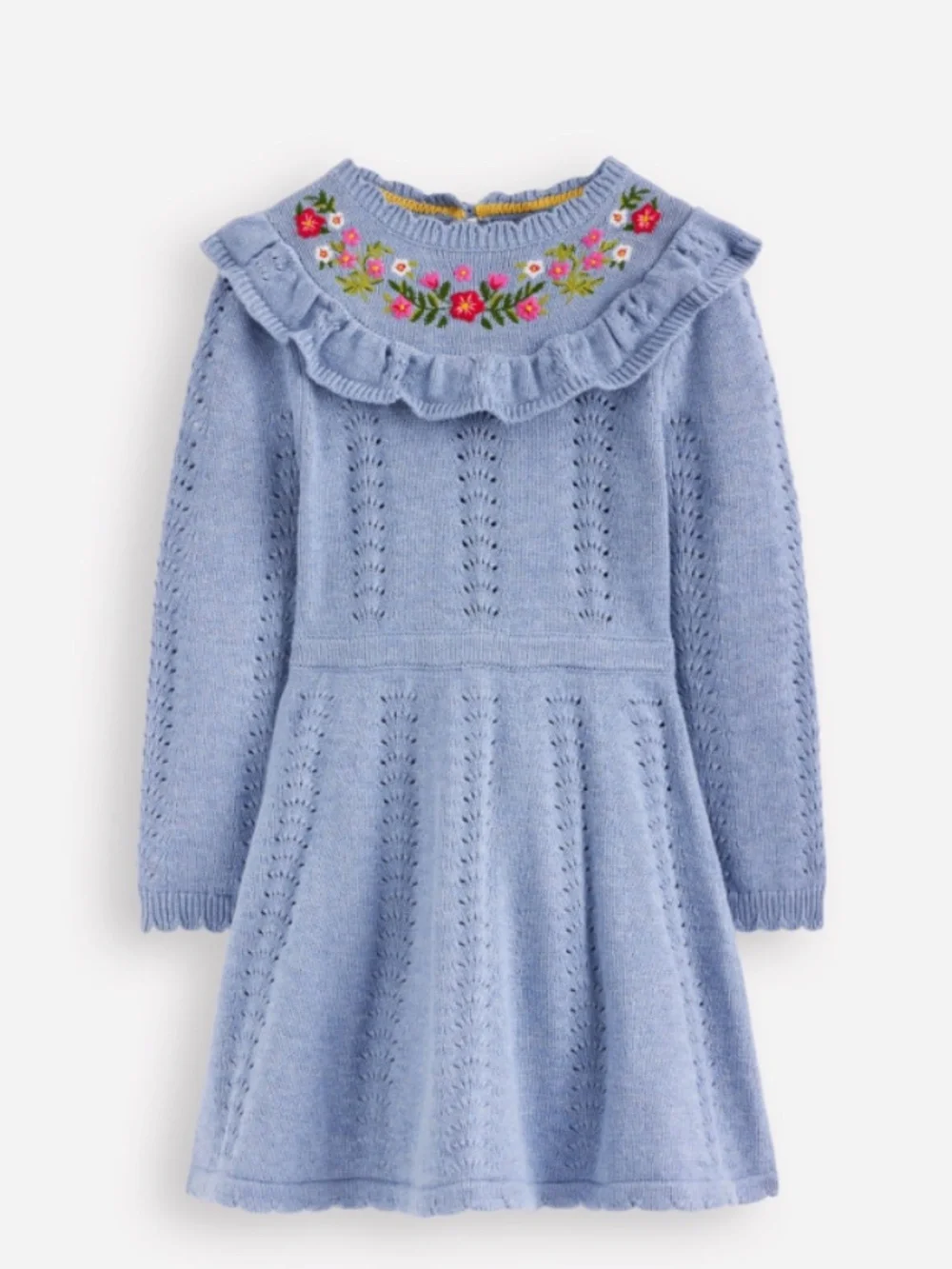 Mini Boden - Blue w/Pink Embroidered Flowers Pointelle Knitted Dress, Size 8-9y